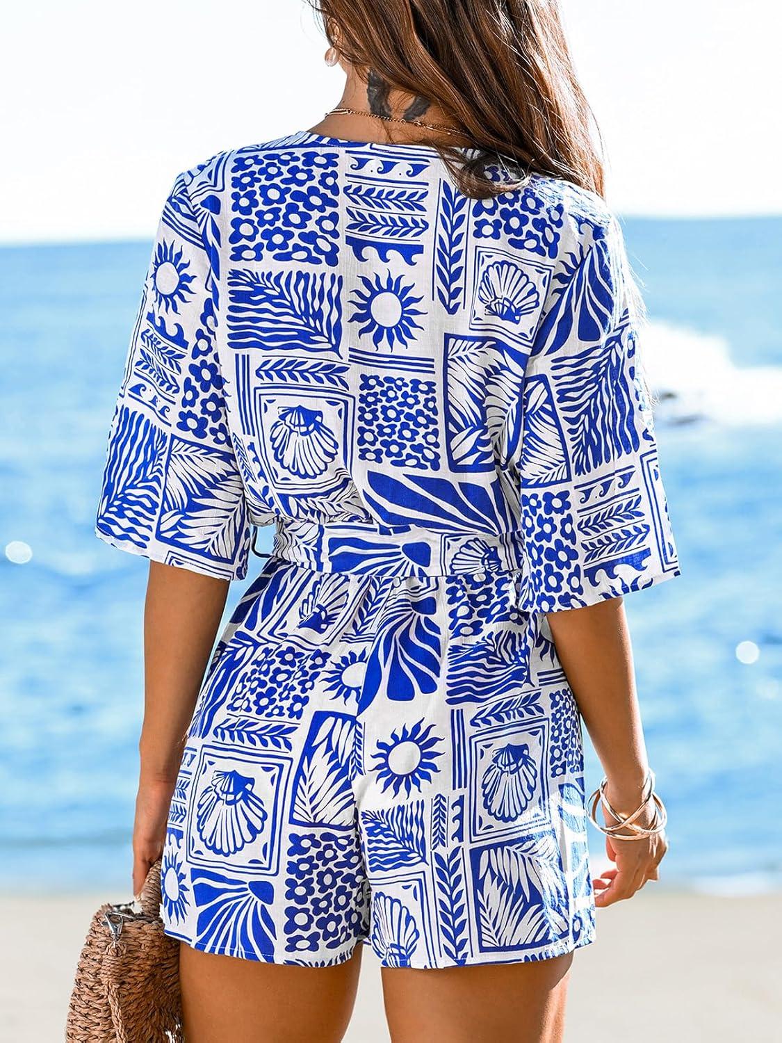 imageCUPSHE Womens Romper Floral Tropical V Neck Jumpsuit Wide leg Outfit Coverup Casual DressyBlue