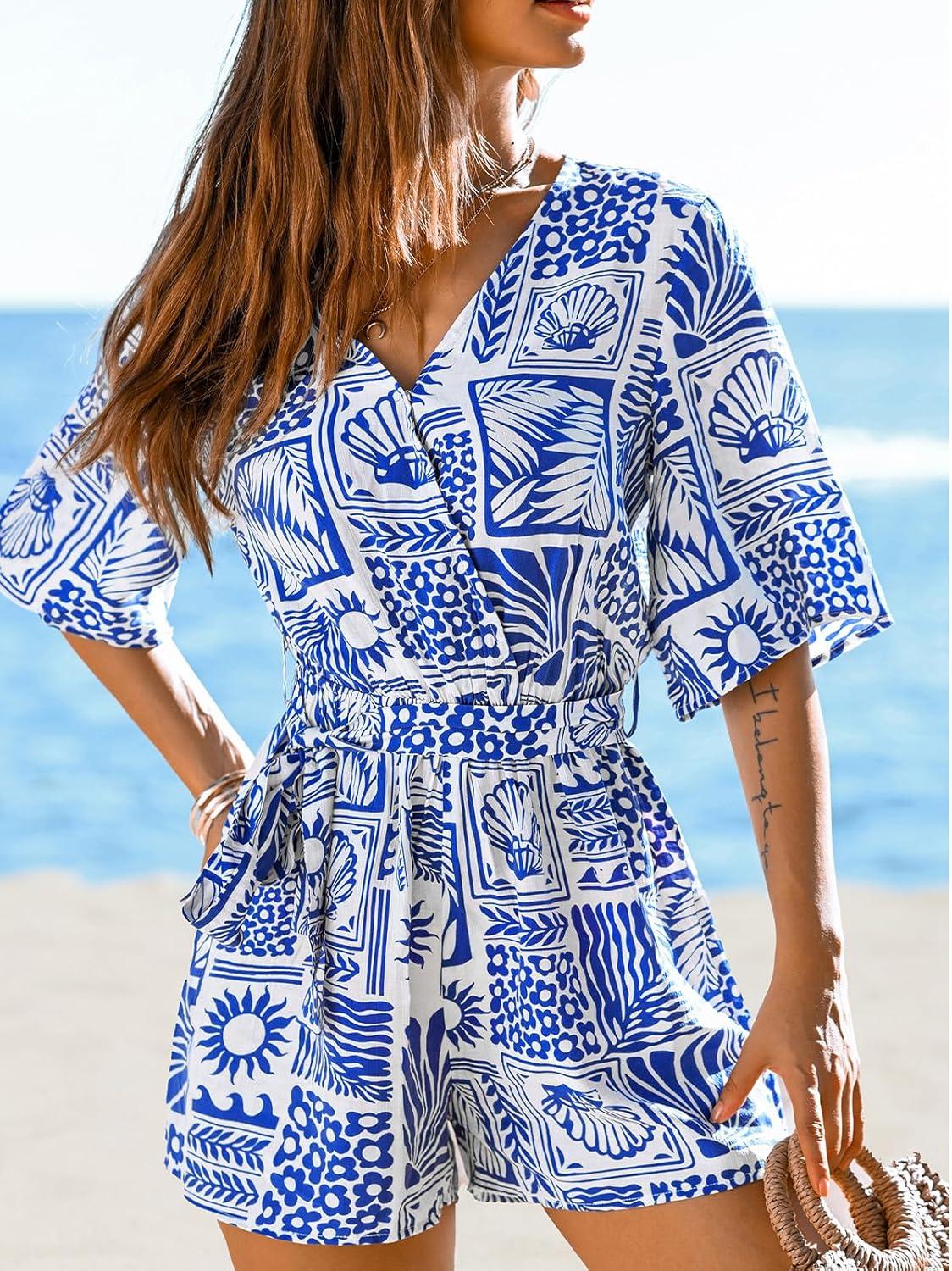 imageCUPSHE Womens Romper Floral Tropical V Neck Jumpsuit Wide leg Outfit Coverup Casual DressyBlue