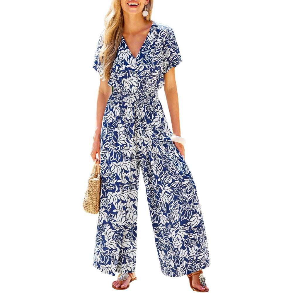 imageCUPSHE One Piece Jumpsuits for Women Casual Summer V Neck Batwing Sleeve Wide Leg Elegant Overalls Sexy Vacation OutfitsFloral Blue