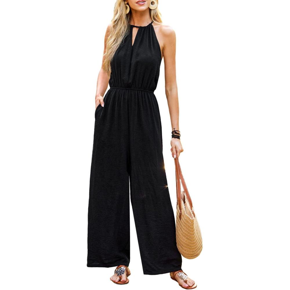 imageCUPSHE Summer Jumpsuits for Women Dressy Causal Halter Neck Sleeveless One Piece Jumpsuit Wide Leg Pants Vacation OutfitsBlack