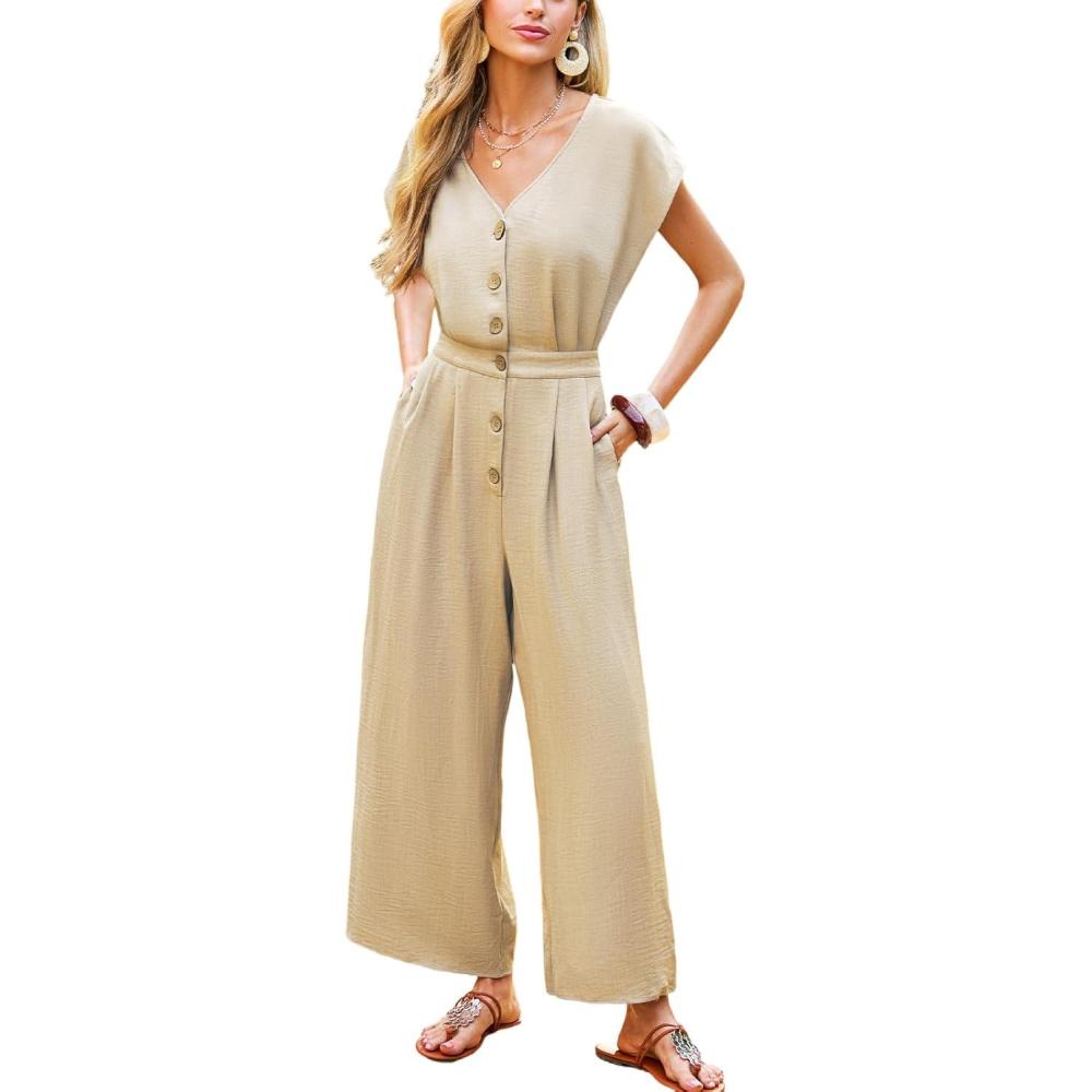 imageCUPSHE Summer Jumpsuits for Women Dressy V Neck Cap Sleeve Botton Down One Piece Jumpsuit Wide Leg Pants Vacation OutfitsBeige