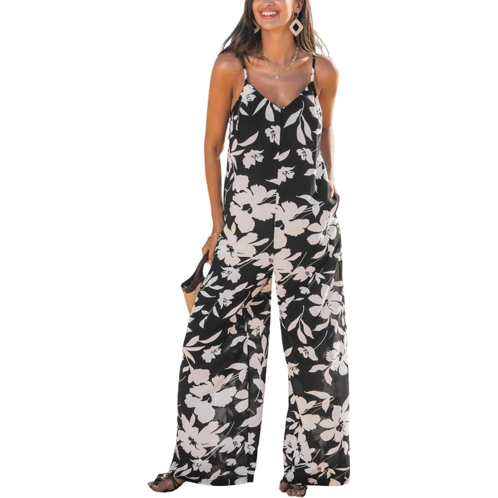 imageCUPSHE Womens Boho Printed Wide Leg Jumpsuits Casual Sleeveless Spaghetti Strap Rompers Dressy OutfitsBlack