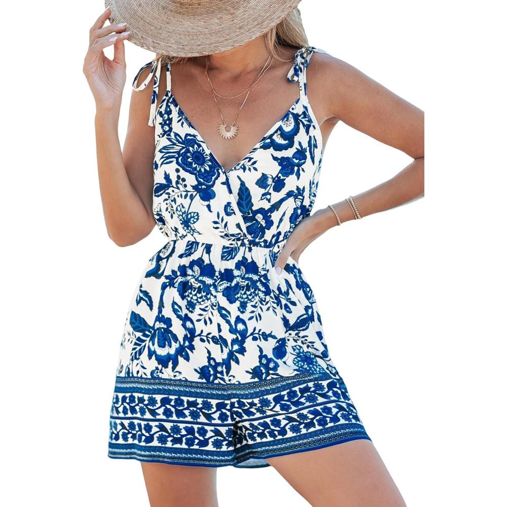 imageCUPSHE Womens Floral Sleeveless Spaghetti Strap Wrap Romper Casual Loose JumpsuitBlue