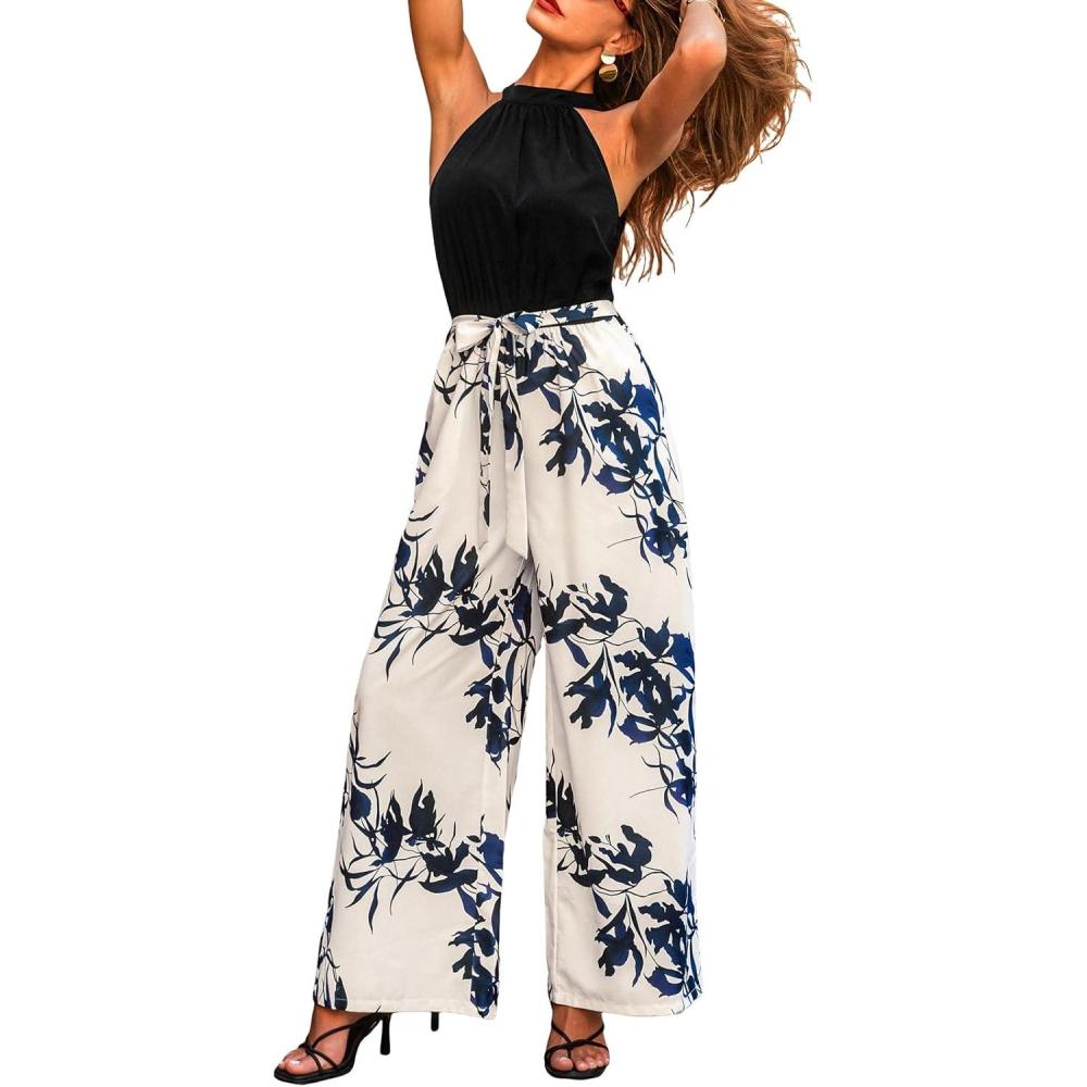 imageCUPSHE Womens One Piece Jumpsuits Halter Neck Sleeveless Printed Casual Overalls Wide Leg Long Pant Vacation OutfitsBlack