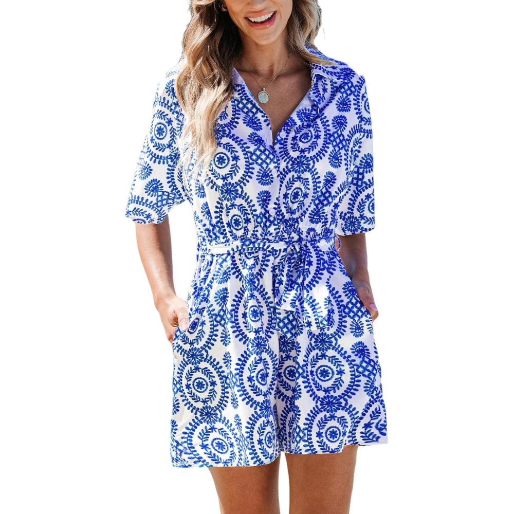 imageCUPSHE Womens Romper Belted Short Sleeve Overall Basic Collar Outfit Casual DressyBlue