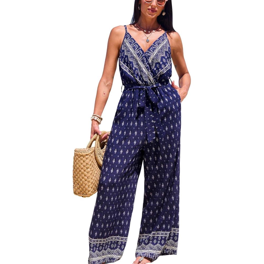 imageCUPSHE Womens Romper Floral Strap V Neck Jumpsuit Wide leg Outfit Coverup Casual DressyBlue