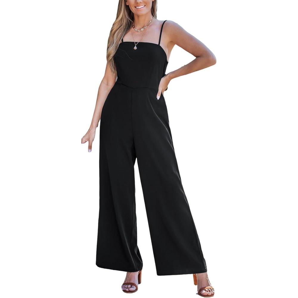 imageCUPSHE Womens Romper Square Neck Sleeveless Tied Straight leg Jumpsuit Outfit Coverup Casual DressyBlack