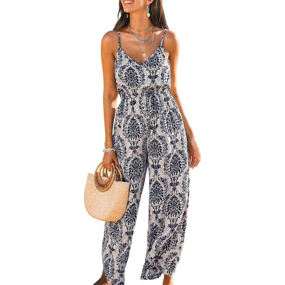 imageCUPSHE Womens Romper V Neck Cami Straps Elasticized Waist Jumpsuit Wide leg Outfit Coverup Casual DressyBlue