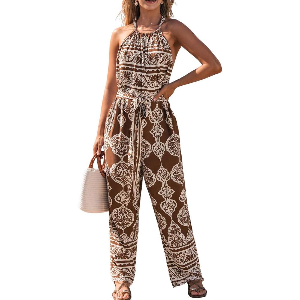 imageCUPSHE Womens Sleeveless Floral Jumpsuit Halter Tie Front Wide Leg Dressy Beach Vacation Long Pants with PocketsBrown
