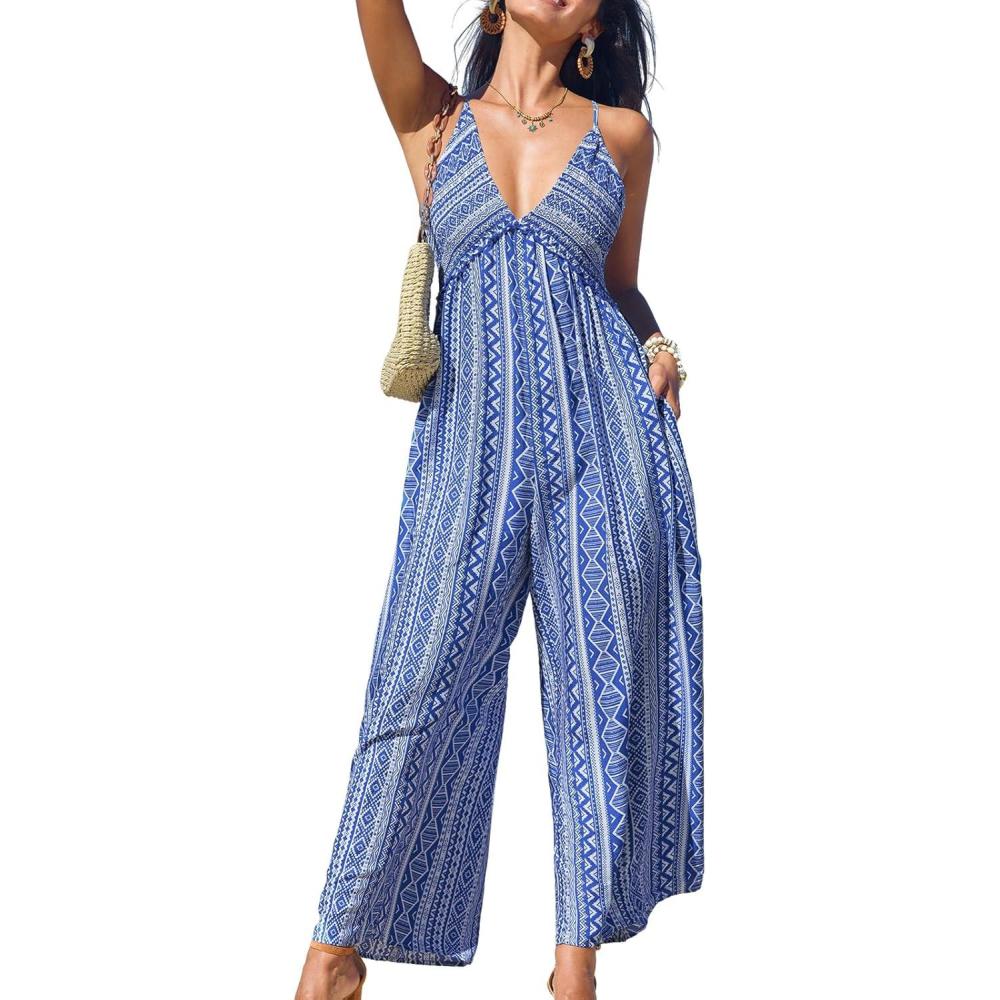 imageCUPSHE Womens Sleeveless Spaghetti Strap Jumpsuit Summer Floral Print Wide Leg Beach Vacation Long PantsBlue