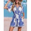 CUPSHE Women’s Deep V Neck Summer Romper Waistband Paisley Floral Print Wide Leg Beach Vacation Beach Jumpsuit with Pockets(Blue)