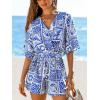 CUPSHE Women’s Romper Floral Tropical V Neck Jumpsuit Wide leg Outfit Coverup Casual Dressy(Blue)