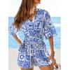 CUPSHE Women’s Romper Floral Tropical V Neck Jumpsuit Wide leg Outfit Coverup Casual Dressy(Blue)