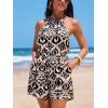 CUPSHE Women’s Romper Halter Neck Printed Romper with Drawstring Waist Sleeveless Jumpsuit Outfit Coverup Casual Dressy(Black)