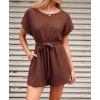 CUPSHE Womens Romper Scoop Neck Short Sleeve Jumpsuits Casual Loose Ribbed Knit Wide Leg Shorts Outfit(Brown)