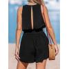 CUPSHE Women’s Romper Sleeveless V Neck Lace Trim Romper Tied Waist Jumpsuit Straight leg Outfit Coverup Casual Dressy(Black)