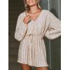 CUPSHE Womens Romper V Neck Long Sleeve Jumpsuit Casual Loose Ribbed Knit Wide Leg Shorts Outfit(Apricot)
