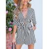 CUPSHE Women’s Romper V Neck Short Sleeves Tie Front Straight leg Striped Jumpsuit Wide leg Outfit Coverup Casual Dressy(Black)