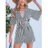 CUPSHE Women’s Romper V Neck Short Sleeves Tie Front Straight leg Striped Jumpsuit Wide leg Outfit Coverup Casual Dressy(Black)