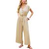 CUPSHE Summer Jumpsuits for Women Dressy V Neck Cap Sleeve Botton Down One Piece Jumpsuit Wide Leg Pants Vacation Outfits(Beige)