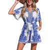 CUPSHE Women’s Deep V Neck Summer Romper Waistband Paisley Floral Print Wide Leg Beach Vacation Beach Jumpsuit with Pockets(Blue)