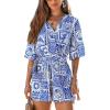 CUPSHE Women’s Romper Floral Tropical V Neck Jumpsuit Wide leg Outfit Coverup Casual Dressy(Blue)