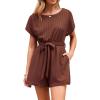 CUPSHE Womens Romper Scoop Neck Short Sleeve Jumpsuits Casual Loose Ribbed Knit Wide Leg Shorts Outfit(Brown)