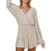 CUPSHE Womens Romper V Neck Long Sleeve Jumpsuit Casual Loose Ribbed Knit Wide Leg Shorts Outfit(Apricot)
