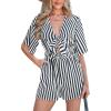 CUPSHE Women’s Romper V Neck Short Sleeves Tie Front Straight leg Striped Jumpsuit Wide leg Outfit Coverup Casual Dressy(Black)
