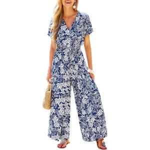 CUPSHE One Piece Jumpsuits for Women Casual Summer V Neck Batwing Sleeve Wide Leg Elegant Overalls Sexy Vacation Outfits Floral Blue M