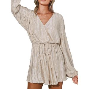 CUPSHE Womens Romper V Neck Long Sleeve Jumpsuit Casual Loose Ribbed Knit Wide Leg Shorts Outfit(Apricot)