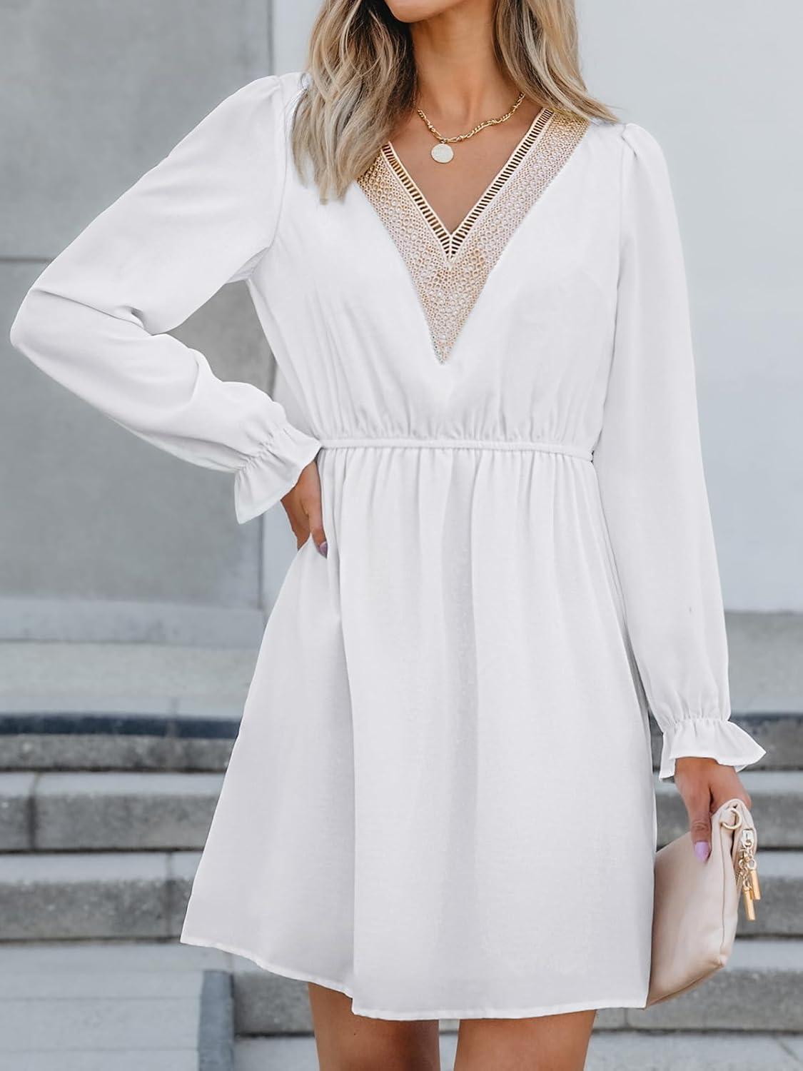 imageCUPSHE Mini Dresses for Women V Neck Ruffled Long Sleeve Tunic Waist A Line Casual Fall DressWhite