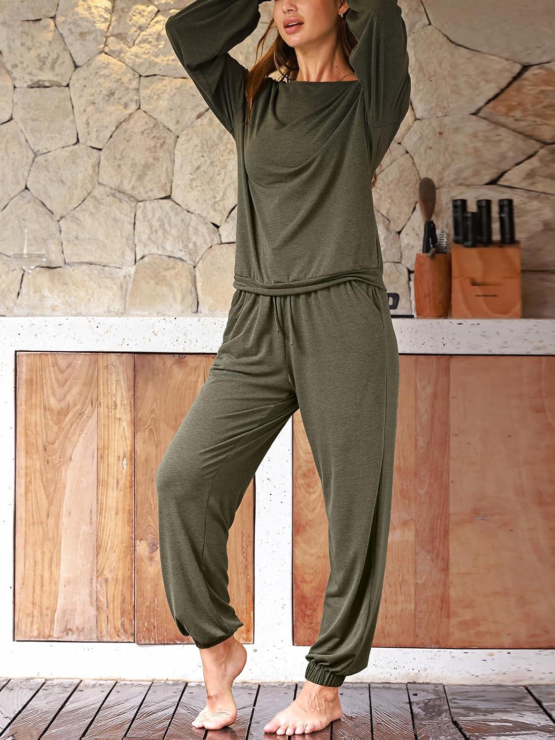 imageCUPSHE Womens 2 Piece Outfits Lounge Sets Long Sleeve Tops Drawstring Jogger Pants Spring Travel Pants SetsGreen