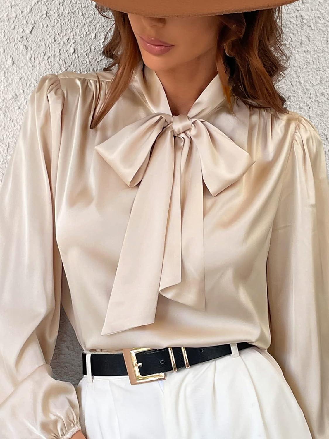 imageCUPSHE Womens Bow Tie Long Sleeve Satin Shirts High Neck Work Out BlousesChampagne