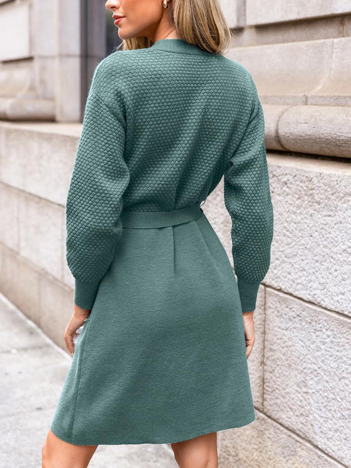 imageCUPSHE Womens Casual Fall Dress 2024 V Neck Long Sleeve Ribbed Knit Belted Fitted A Line Pullover Midi Sweater DressDusty Green