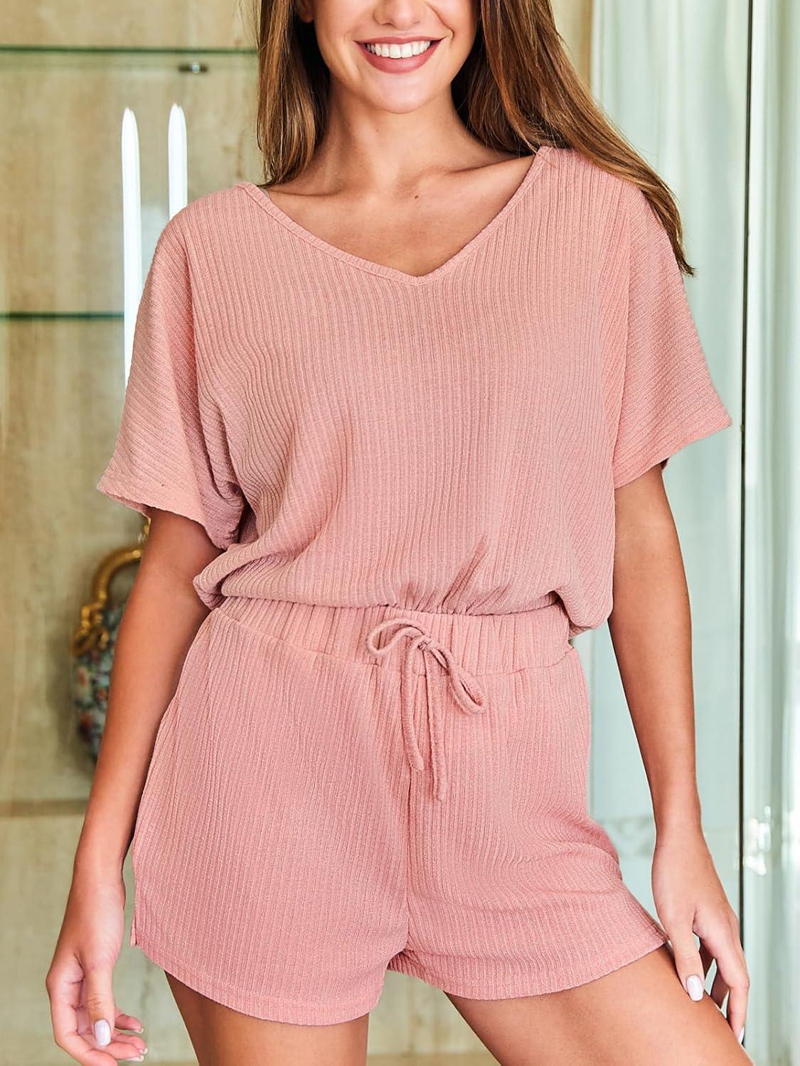 imageCUPSHE Womens Pajama Sets 2 Piece V Neck Short Sleeves Soft Top with Shorts Summer Sleepwear Loungewear Pjs SetPink