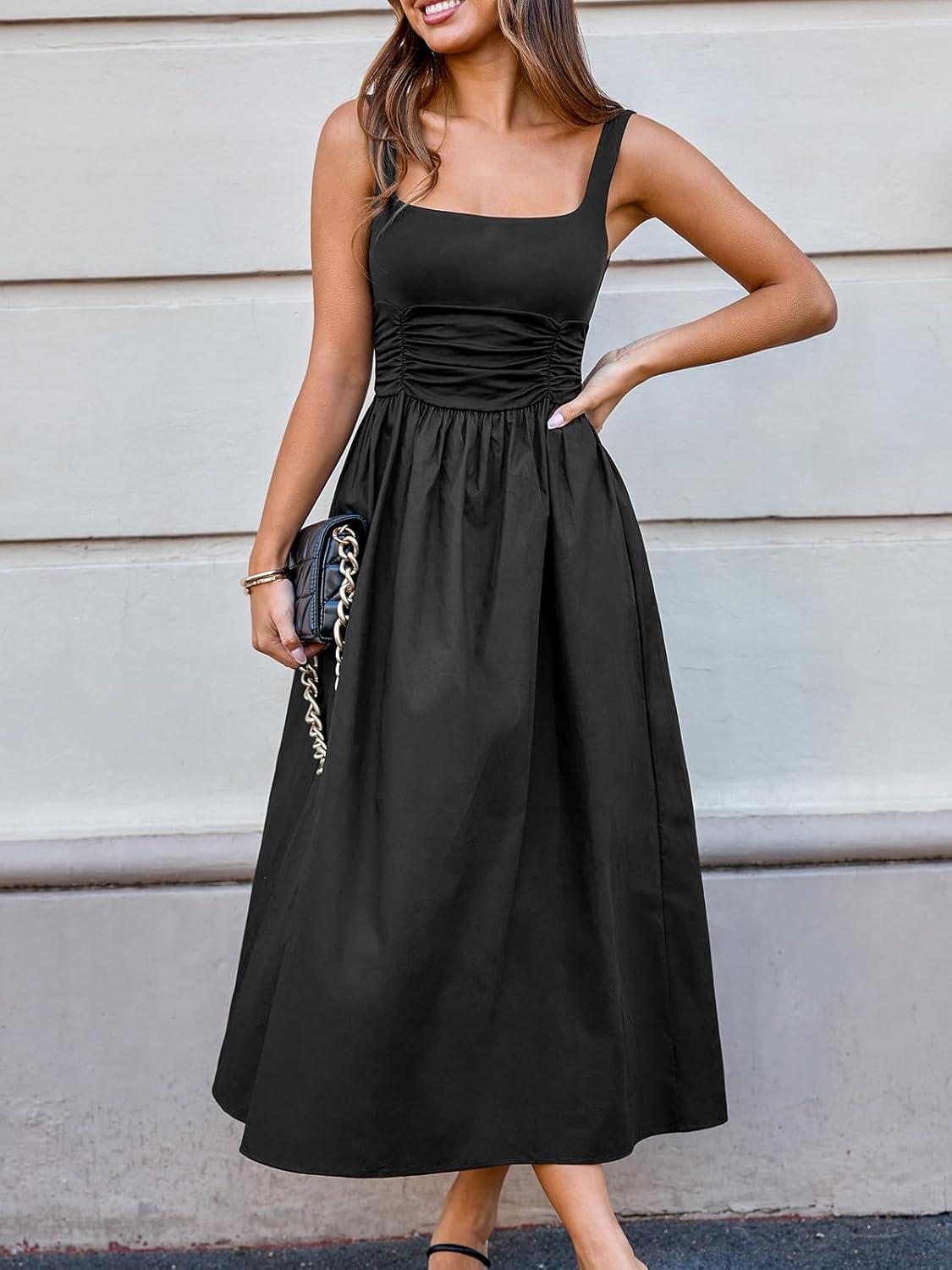 imageCUPSHE Womens Party Dress Square Neck Casual Sleeveless Knit Pleated A Line Maxi Formal DressBlack