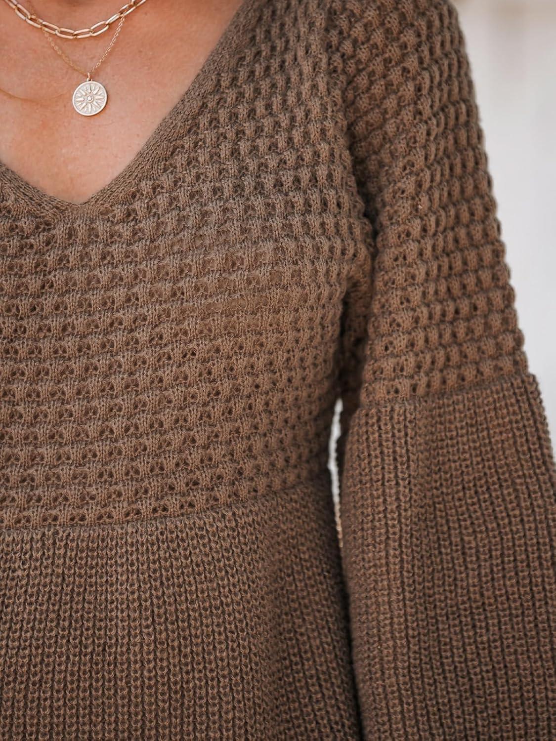 imageCUPSHE Womens Sweater Dress V Neck Honeycomb Long Sleeve Textured Fall Casual Knit Pullover DressesCoffee