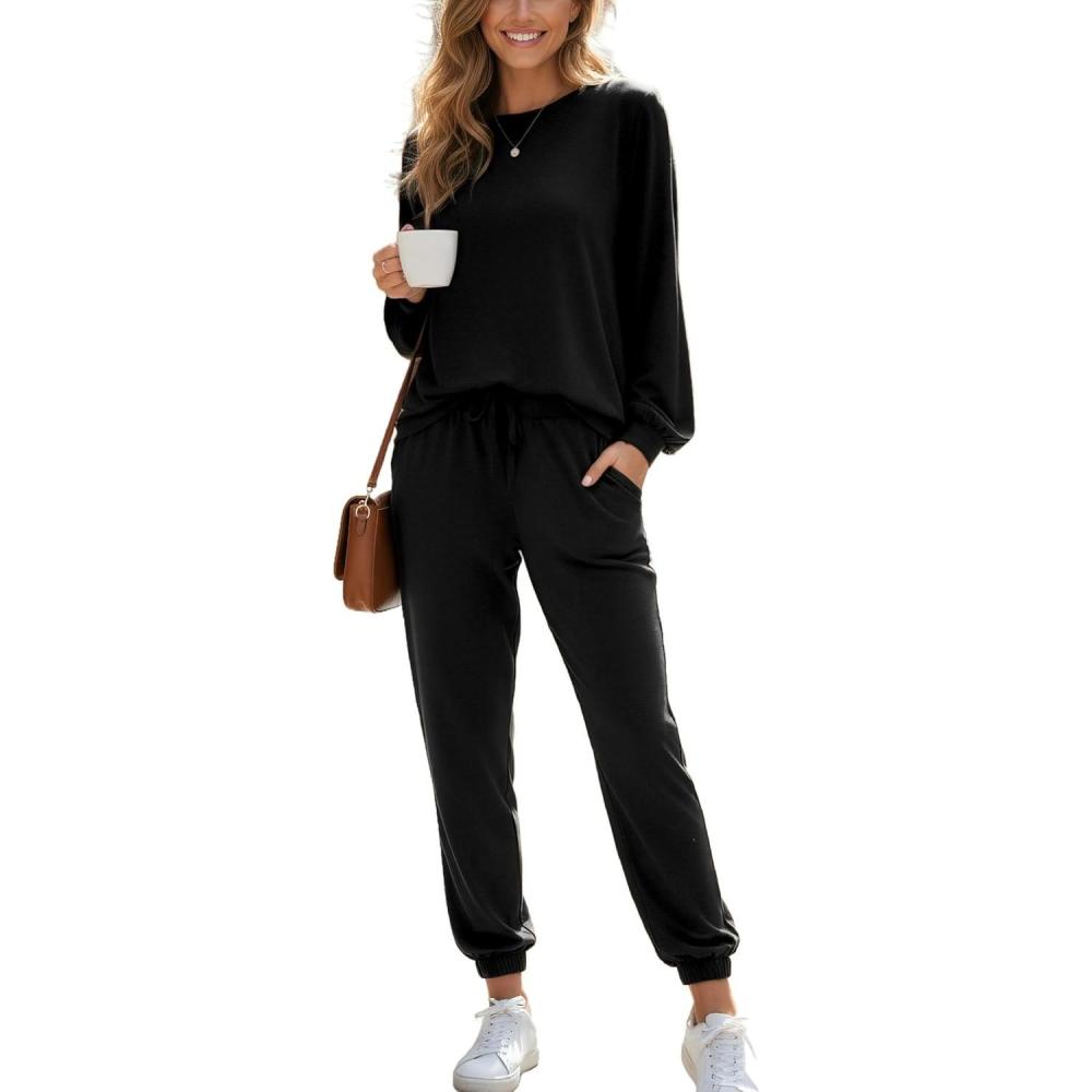 imageCUPSHE Womens 2 Piece Outfits Lounge Sets Long Sleeve Tops Drawstring Jogger Pants Spring Travel Pants SetsBlack