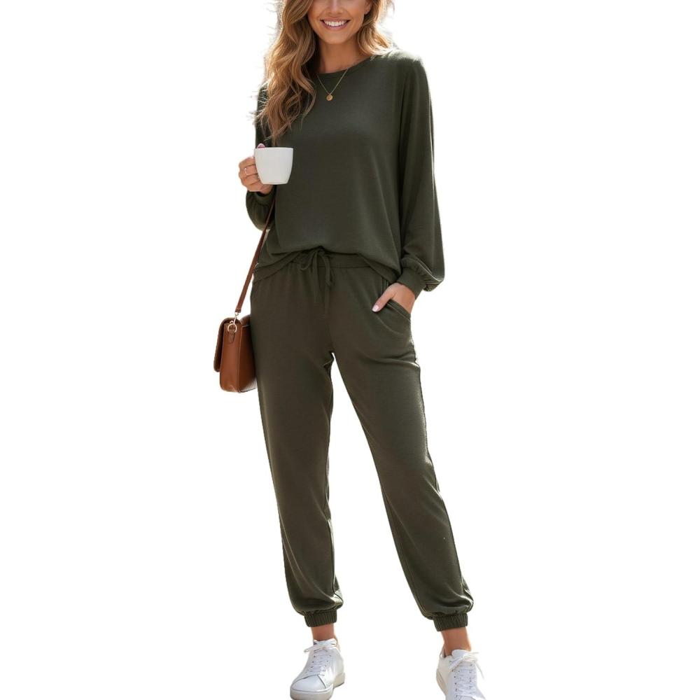 imageCUPSHE Womens 2 Piece Outfits Lounge Sets Long Sleeve Tops Drawstring Jogger Pants Spring Travel Pants SetsGreen