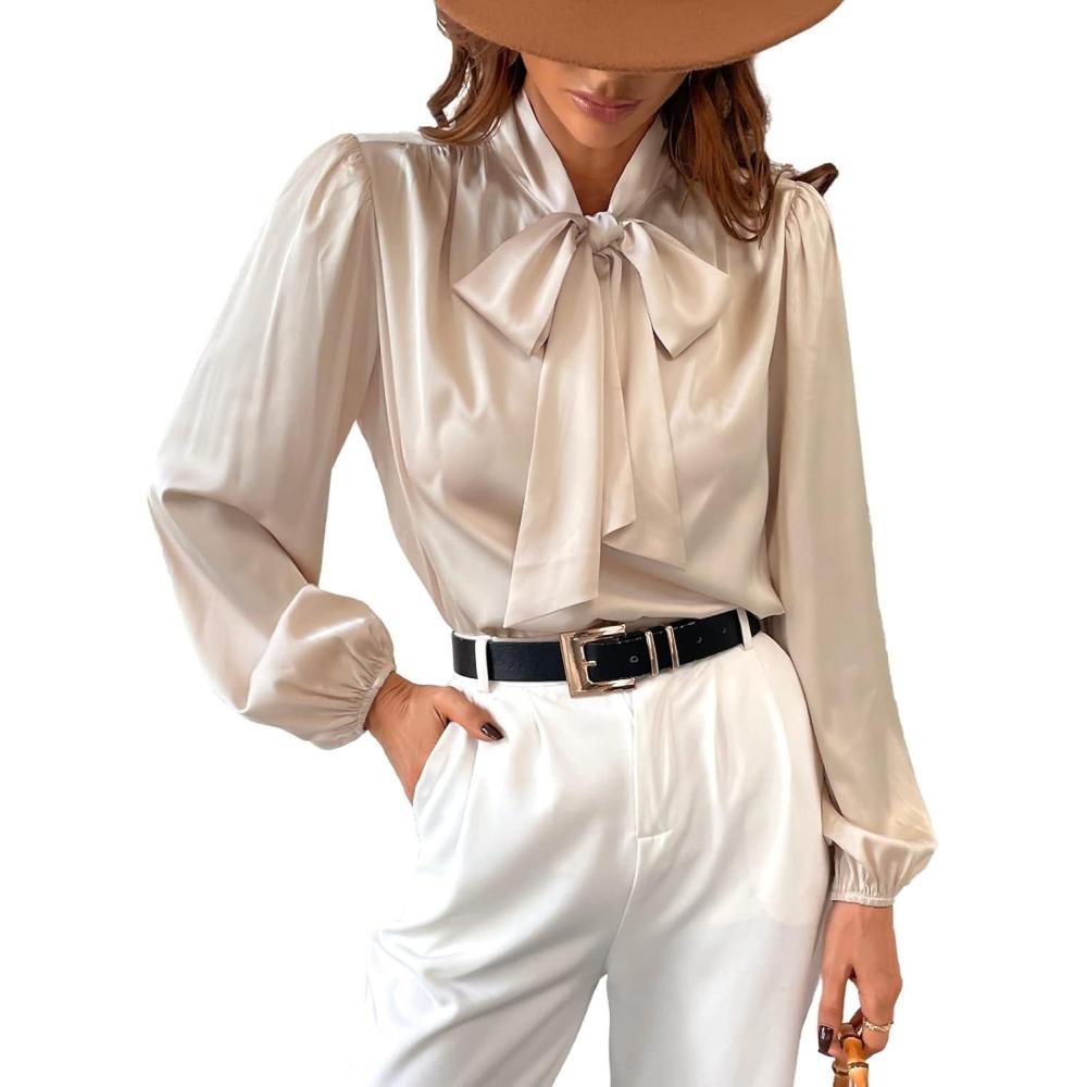 imageCUPSHE Womens Bow Tie Long Sleeve Satin Shirts High Neck Work Out BlousesChampagne