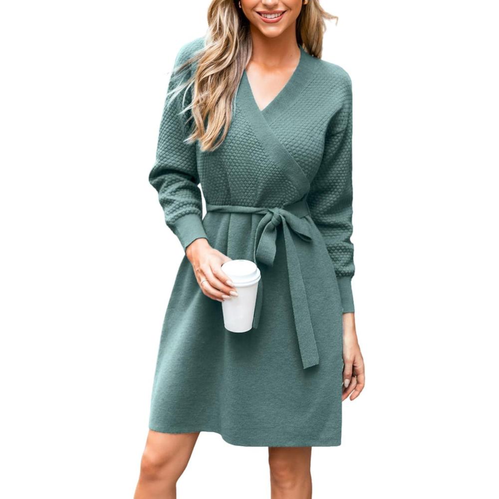 imageCUPSHE Womens Casual Fall Dress 2024 V Neck Long Sleeve Ribbed Knit Belted Fitted A Line Pullover Midi Sweater DressDusty Green