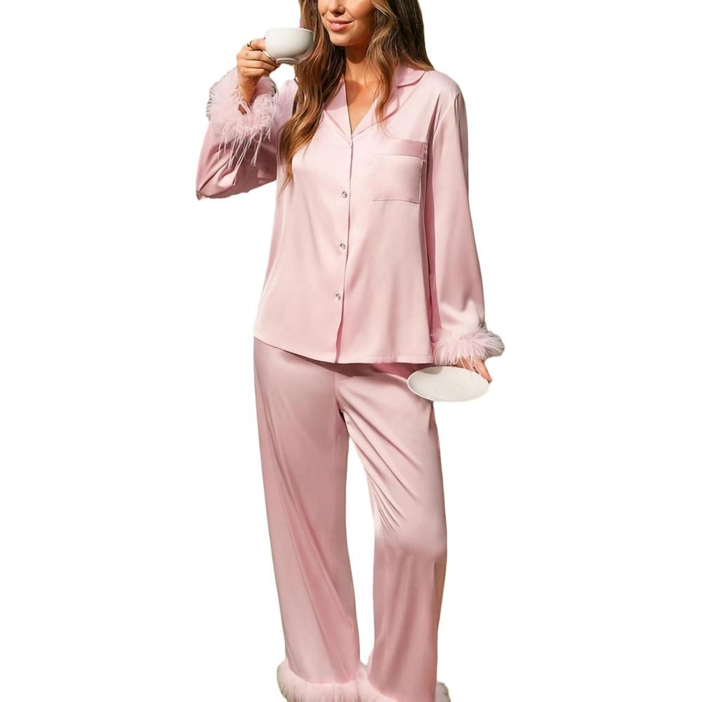 imageCUPSHE Womens Pajama Sets 2 Piece Button Down Long Sleeves Sleepwear Soft and Comfy Lounge PJs SetsPink