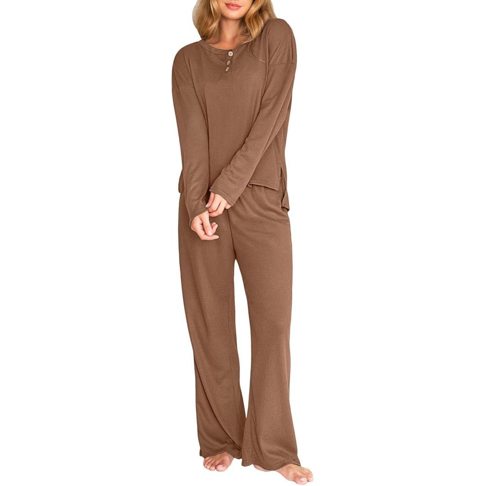 imageCUPSHE Womens Pajama Sets 2 Piece Crew Neck Long Sleeves Top with Pants Lounge Sleepwear SetBrown