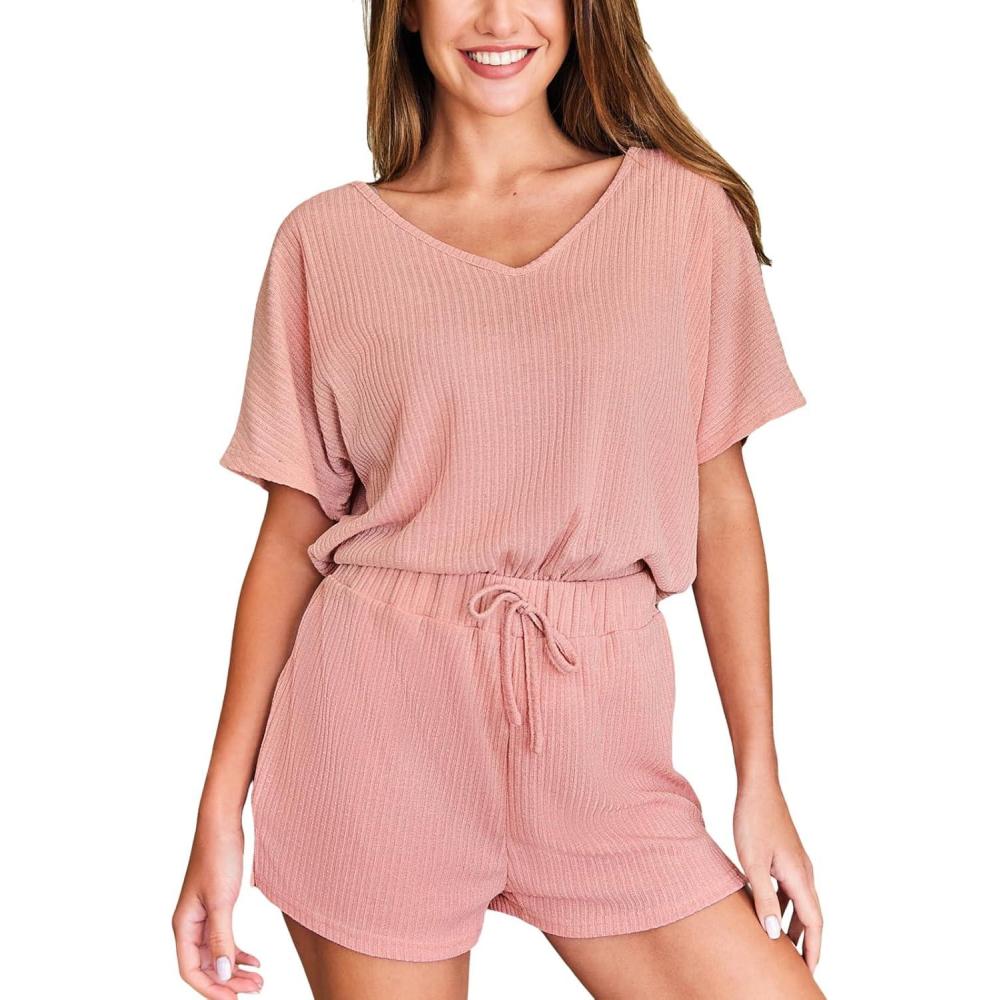 imageCUPSHE Womens Pajama Sets 2 Piece V Neck Short Sleeves Soft Top with Shorts Summer Sleepwear Loungewear Pjs SetPink