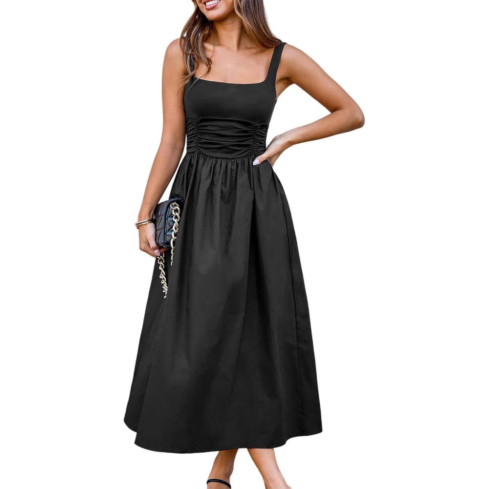imageCUPSHE Womens Party Dress Square Neck Casual Sleeveless Knit Pleated A Line Maxi Formal DressBlack