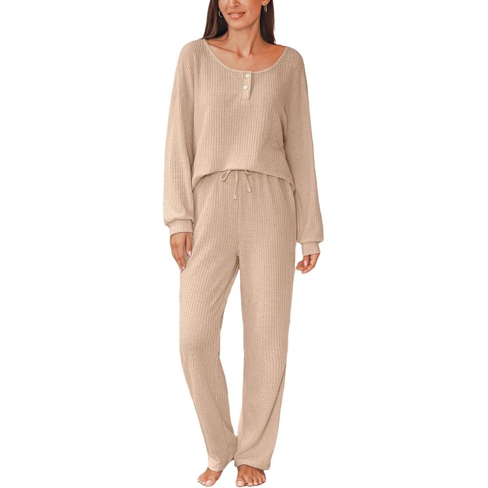 imageCUPSHE Womens Ribbed Knit Pajama Sets Long Sleeve Loungewear 2 Piece Soft and Comfy Lounge PJs SetsB2beige2