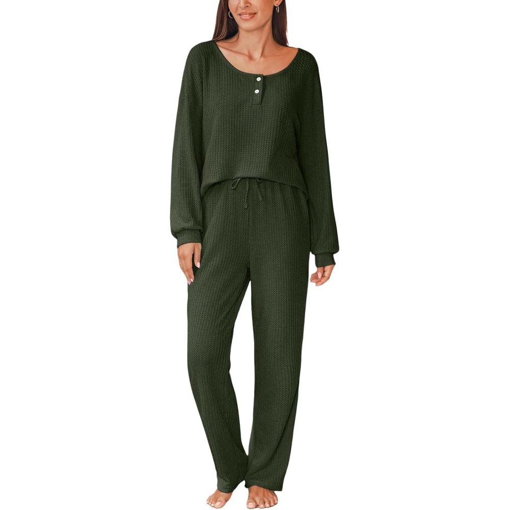 imageCUPSHE Womens Ribbed Knit Pajama Sets Long Sleeve Loungewear 2 Piece Soft and Comfy Lounge PJs SetsB2green2