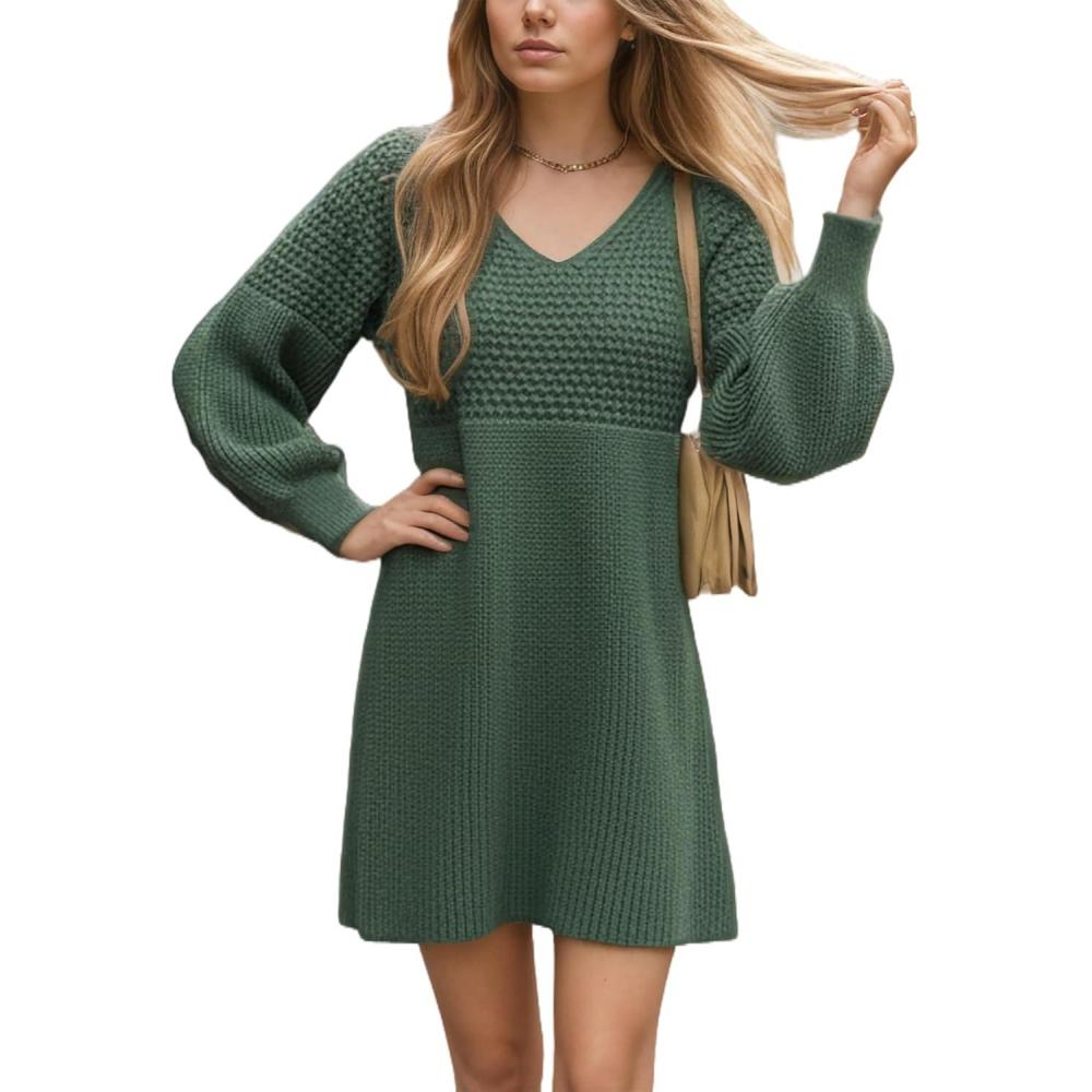 imageCUPSHE Womens Sweater Dress V Neck Long Sleeves Casual Fall Outfit Ribbed Knit Daily Warm Mini DressGreen