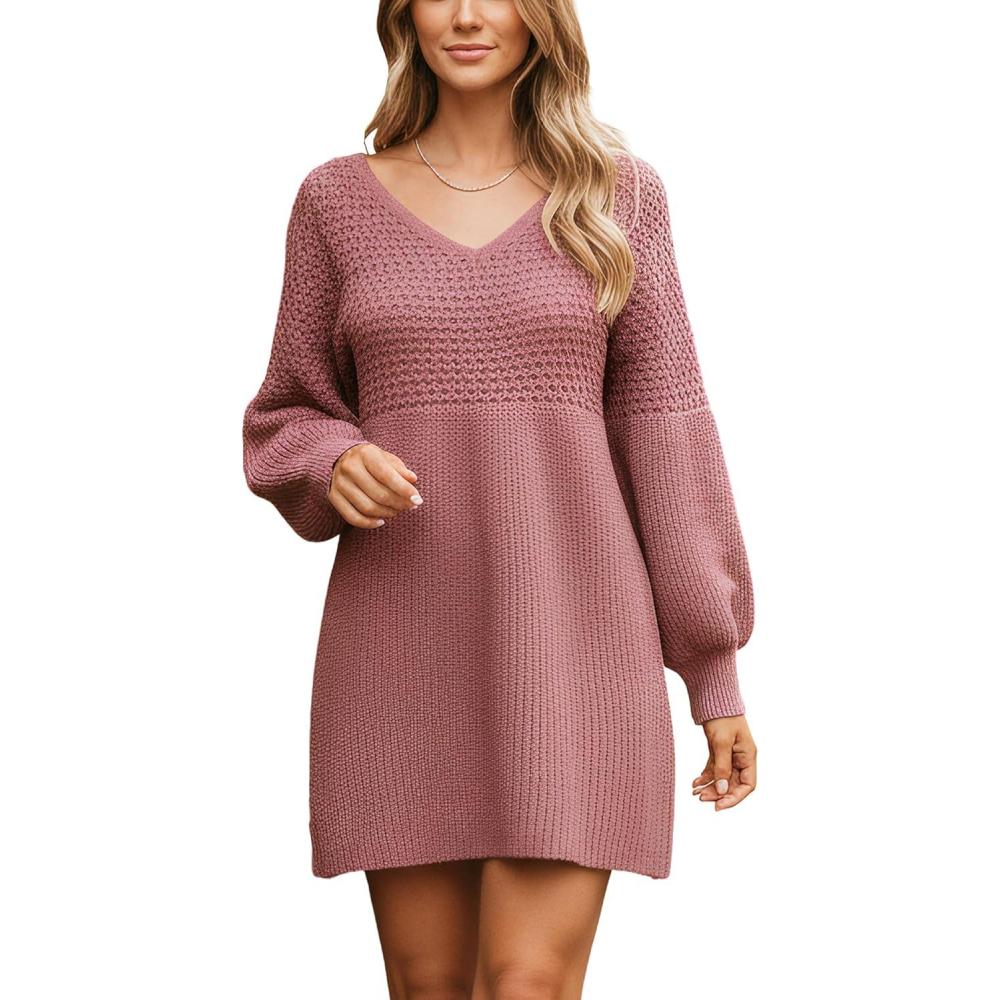 imageCUPSHE Womens Sweater Dress V Neck Long Sleeves Casual Fall Outfit Ribbed Knit Daily Warm Mini DressPink